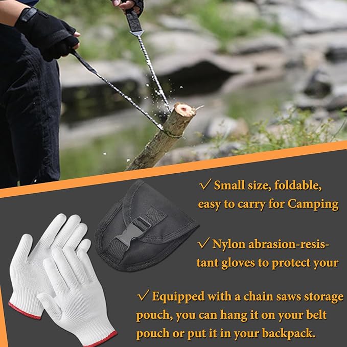 HOMEE 4Pcs Pocket Chainsaw Set with Firewood Puller,Gloves and Storage Bag,26 inches Rope Saw,11 Teeth Folding Chain Hand Saw for Outdoor Survival Camping Hunting Tree Cutting Emergency Tools