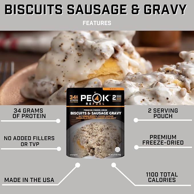 Peak Refuel Biscuits and Gravy | Premium Freeze Dried Camping Food | Backpacking & Hiking MRE Meals | Just Add Water | 100% Real Meat | 34g of Protein | 2 Serving Pouch (2 Serving Pouch)