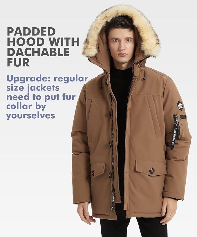 PUREMSX Winter Jackets for Men, Insulated Thick Warm Padded Puffer Coat with Fur Hood