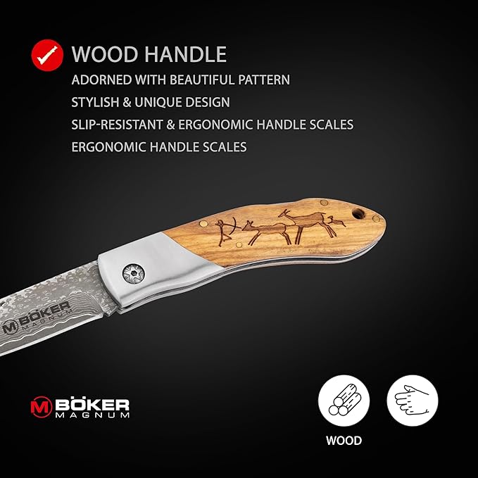 Boker Magnum 01RY818DAM Caveman Damascus Pocket Knife with 3 1/4 in. Damascus Steel Blade, Brown