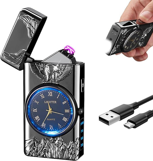 Cool Lighter with Clock Dial Electric Lighter with LED Power Display Plasma Lighter Windproof USB Rechargeable Lighter Gifts for Men Women (Eagle-Black)