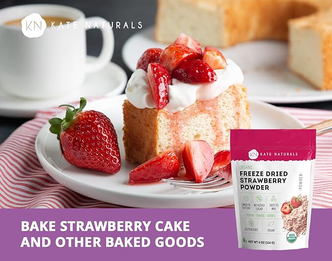Kate Naturals Freeze Dried Strawberry Powder for Baking, Camping & Drinks. Natural Strawberry Flavoring for Cakes, Icing & Smoothies (4 oz, Organic)