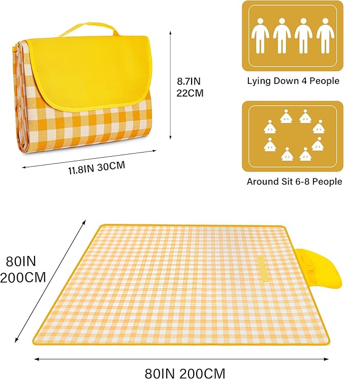 Large Picnic Blankets Waterproof Foldable Yellow Gingham Mat Tote bag for Outdoor Park Beach Camping Travel (80x80 inch)