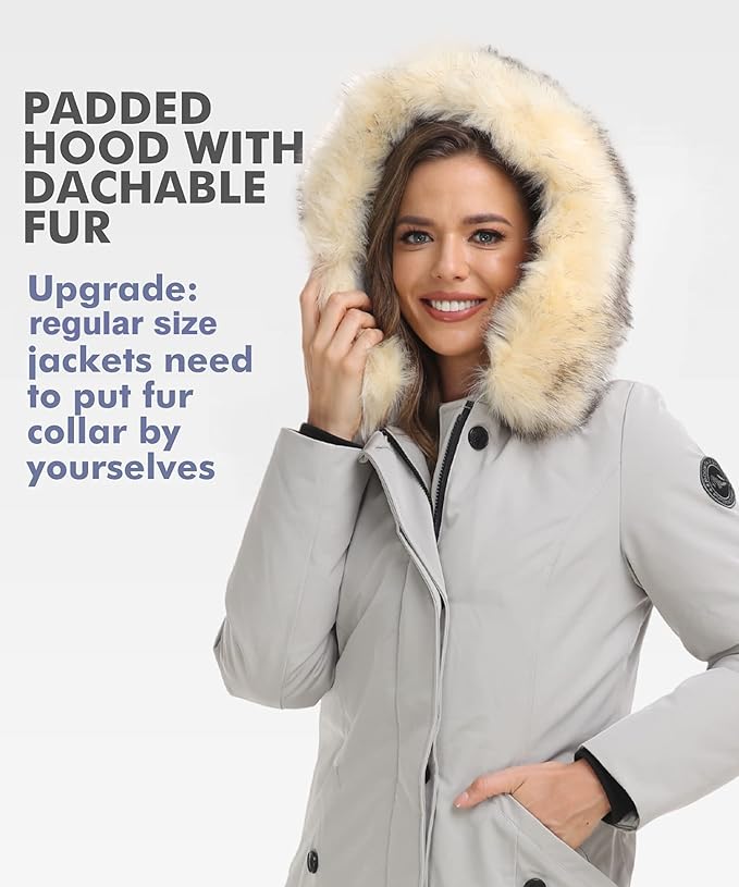 PUREMSX Duck Down Winter Coat for Women Insulated Long Thick Fur Hood Puffer Warm Parka Jacket