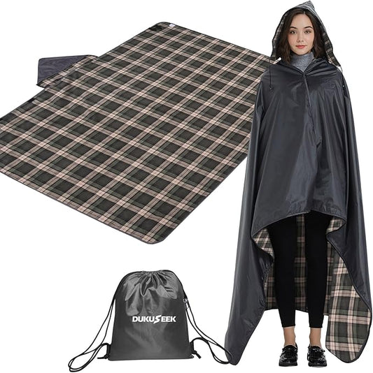 DUKUSEEK Stadium Blanket for Outdoor Sports, Waterproof Hooded Blankets, Windproof Warm Fleece Blankets for Camping Stadium, Beach, Picnic, Concerts, Car, Dog, 79"x 59"