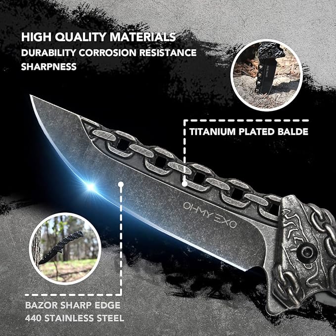 Stainless Steel Pocket Folding Knife with A Sculpted Chain Handle - Safety Liner Lock, Pocket Belt Clip Knife - Portable Tactical Utility Knives for Men Great for EDC, Camping, Fishing & More