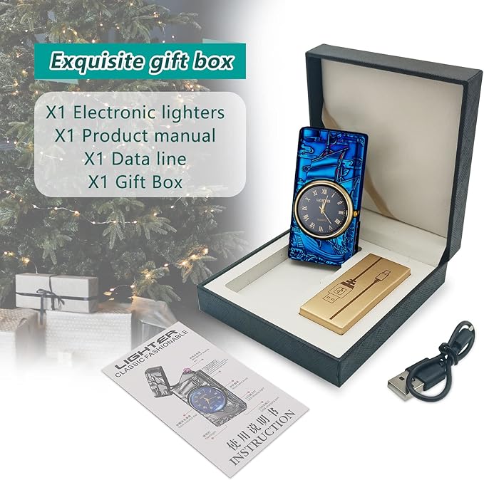 Electric Lighters Rechargeable Type c USB Lighter Windproof Flameless Plasma Dual arc Lighter Metal Cool Lighters with Clock dial Candle Lighters for Candle, Candlestick (Blue)