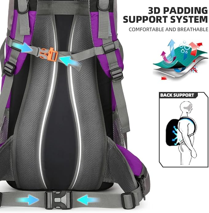 King'sGuard 70L Hiking Backpack Large Lightweight Waterproof Camping Backpack Travel Backpacking Backpack Daypack with Rain Cover -Frameless (Purple)