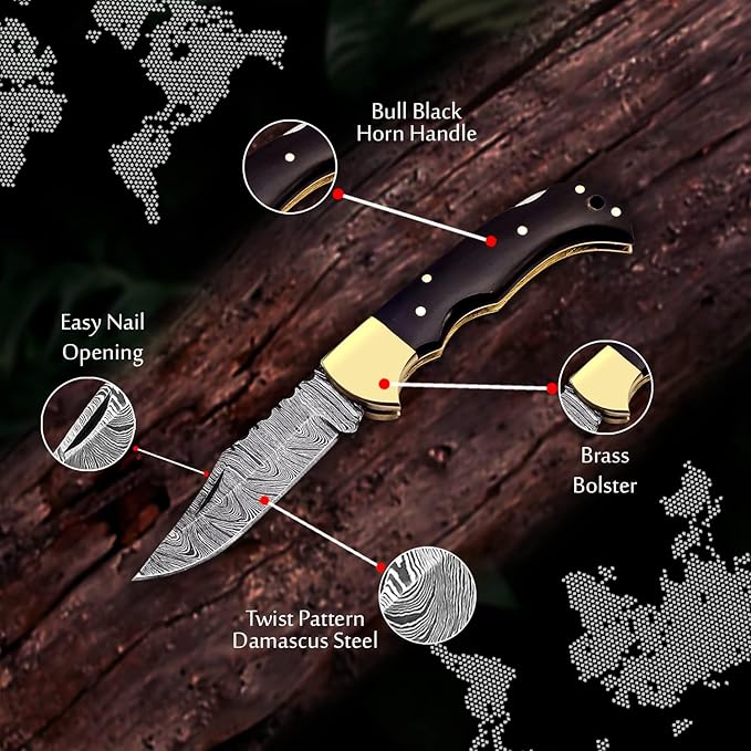 Handmade Damascus Pocket Knife for Men - Thoughtful Husband Present for Anniversaries - 6.5 Inch Folding Knife with Back Lock, Perfect for Camping and Hiking - Damascus Knife with Sheath