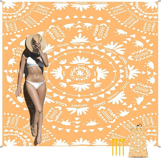 110''×118'' Extra Large Sandproof Beach Blanket 4-8 Adults, Waterproof Foldable Picnic Blankets with 4 Stakes & 4 Pockets, Lightweight Boho Outdoor Beach Mat for Travel, Camping, Hiking