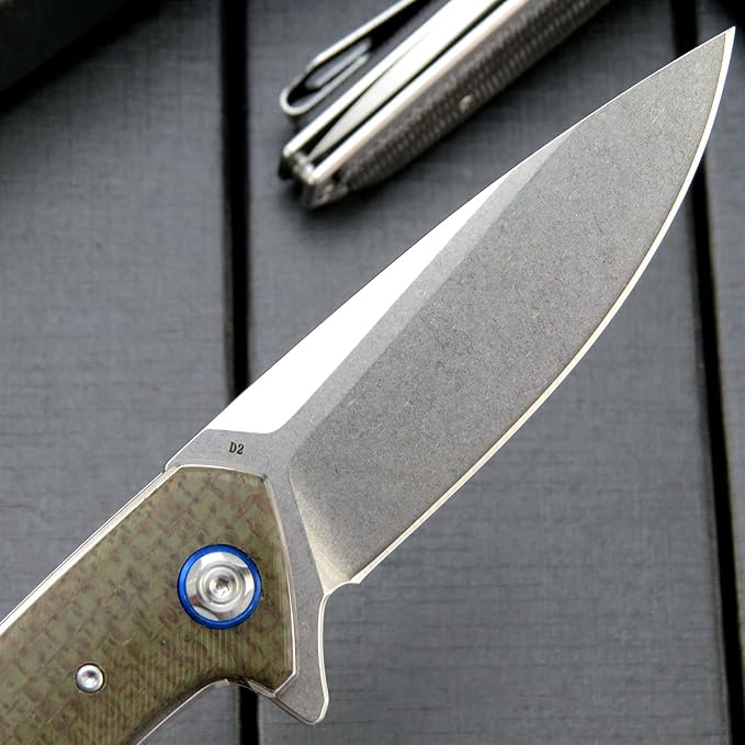 Eafengrow EF972 Folding Knife, D2 Steel Blade Micarta Handle Pocket Knife Folder for Outdoor Camping Hiking Working EDC Tool Knife(army green)