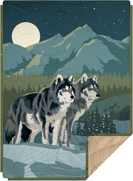 Outdoor Camping Blanket with Sherpa Lining, Extra Warm Thick Camp Blankets & Puffy Ultralight Soft Poncho DWR Camping Quilt for Cold Weather, Adventure,Sleeping,Backpacking 78"x 56"