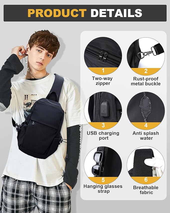 Medium Black Black Sling Bag for Men and Women - Sport Crossbody Backpack for Pickleball, Tennis, Racketball