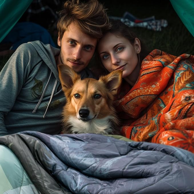 Outdoor Camping Blanket with Sherpa Lining, Extra Warm Thick Camp Blankets & Puffy Ultralight Soft Poncho DWR Camping Quilt for Cold Weather, Adventure,Sleeping,Backpacking 78"x 56"
