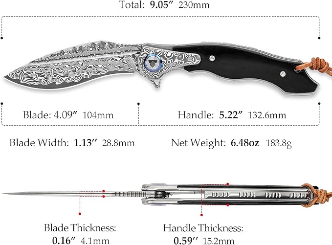 Knives Lepus-02B|Folding Knives & Pocket Knife for Men, Outdoor Flipper Knife,4.09" Damascus Steel,OX Bone Scale,Collections, Gift Box