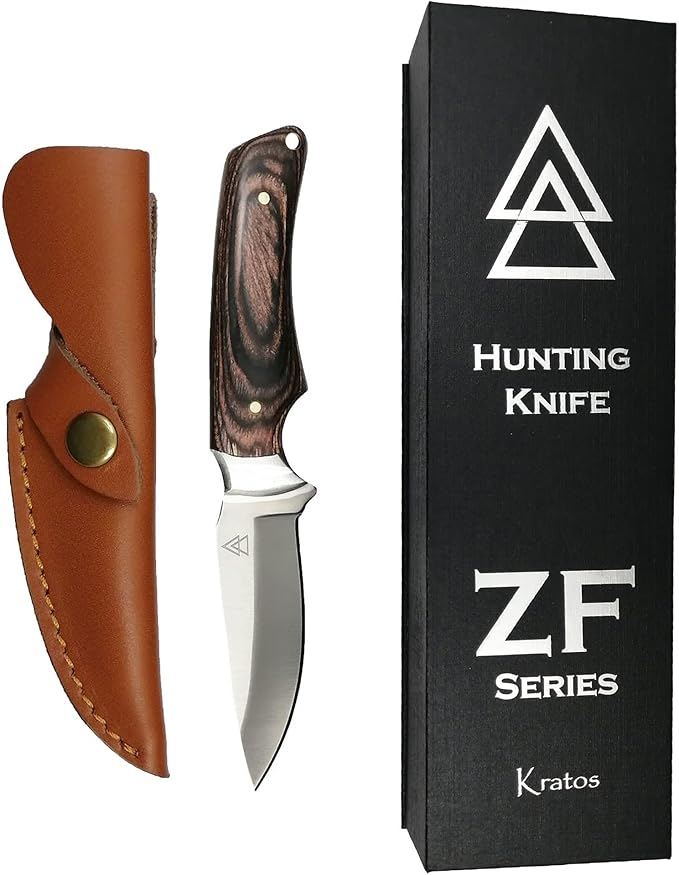 Skinning EDC Field Hunting Knife KRATOS ZFS2 Blade Fixed Full Tang 7.5" Stainless Steel, Leather Sheath Holster Included