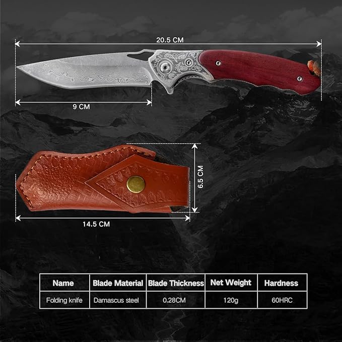 Damascus Pocket Knife with Clipand Leather Sheath, Folding Knife with VG10 Damascus Steel Blade,Wooden Handle, Foldable EDC Knife for Outdoor Survival