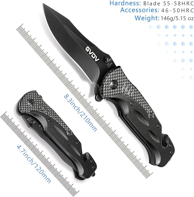 GVDV Utility Pocket Knife with 7Cr17 Stainless Steel - Folding Knife for EDC Outdoor Camping Hunting, Seatbelt Cutter, Glass Breaker for Emergencies, Black