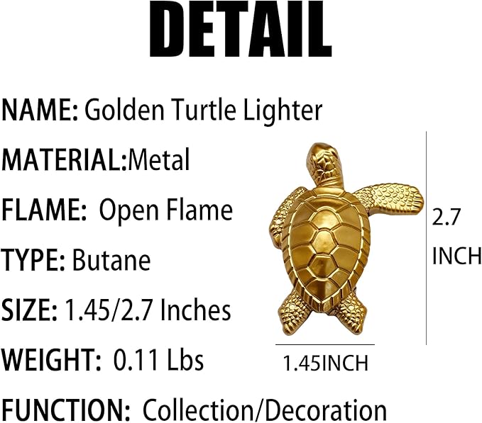 Vintage Metal Butane Gold Turtle Lighter, Portable Cool Soft Flame Lighters, Refillable Novelty Lighter for Fireplace Candle Camping BBQ (Without Gas)