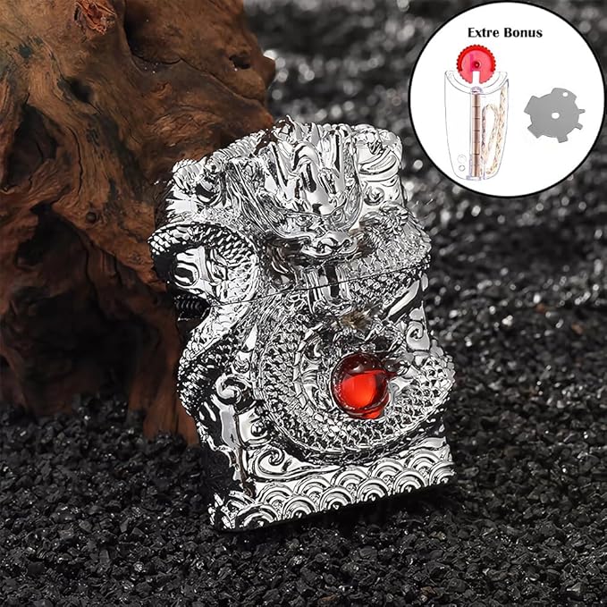 Dragon Lighter Premium Kerosene Soft Flame Lighter with Adjustable Flame, Refillable, Windproof and Pocket Size for Outdoor Camping, Travel, and Household Use (Silver)