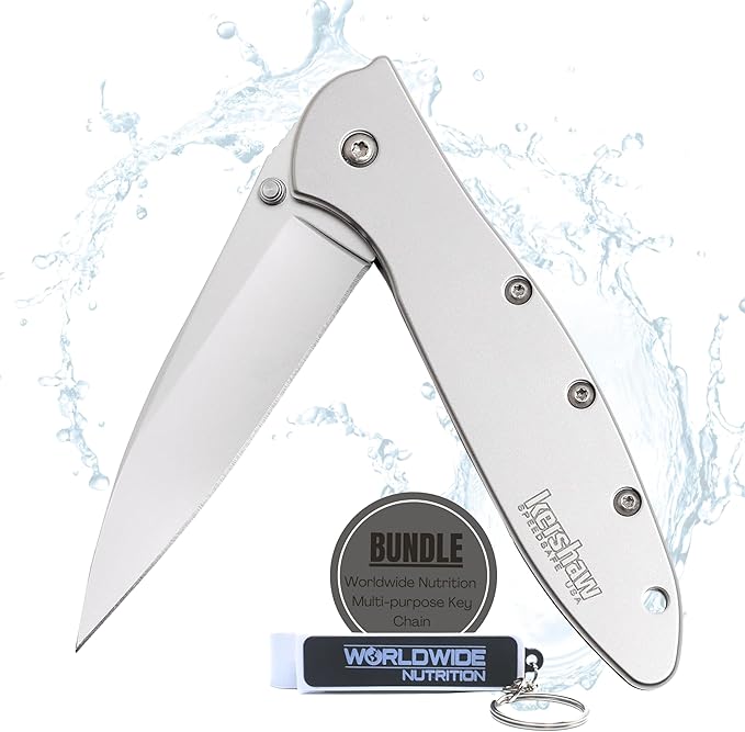 Worldwide Nutrition Bundle: Kershaw Leek Pocket Knife, 3" 14C28N Stainless Steel Drop Point Blade, Spring Assisted Knife, Folding EDC