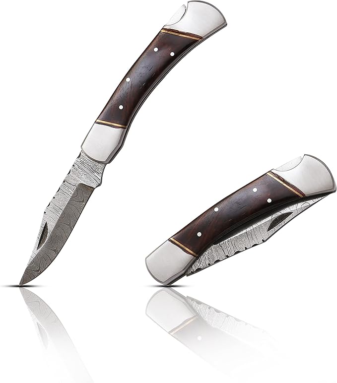 Capra Knives CK-42 Handcrafted Folding Pocket Knife 5” Folded, 9” Long Overall, 8oz Rose Wood Handle, Damascus Blade with Leather Sheath
