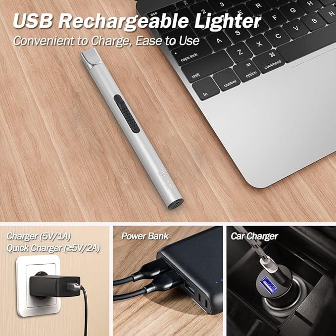 Candle Lighter, Electric Lighter Rechargeable USB Lighter, Arc Windproof Flameless Plasma Lighter Long Stick with Rope and Ring, No Butane Fluid, Perfect for Candle BBQ Camping Kitchen Stove, Silver