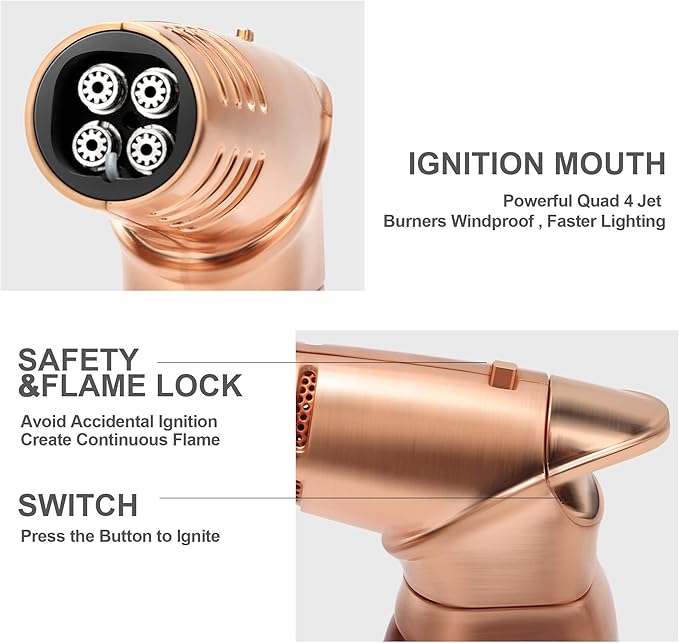 Torch Lighter, Quad 4 Jet Flame Windproof Butane Lighter with Safety Lock Adjustable Refillable Lighter for Kitchen Grill BBQ Candle Camping (Butane NOT Included) (Gold)