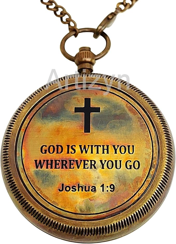 Brass Compass Engraved with Bible Scripture God is with You Wherever You Go Joshua 1:9 Religious Gift, Directional Magnetic Compass with Chain & Leather Carry Case, Baptism Gifts, Confirmation Gifts
