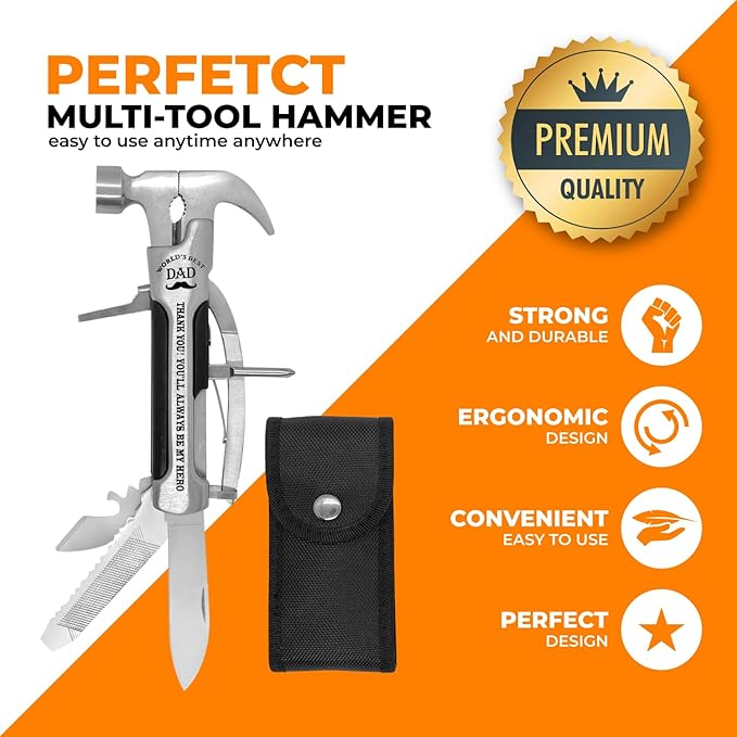 Gadget Gift for Dad - All in one Stainless Steel Hammer Multitool with case and clip. Great Gadgets for mens stocking stuffer for home or car