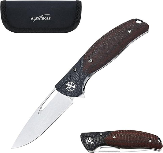 ALBATROSS Pocket Folding Knife, 3.5" D2 Steel Blade, 4" Carbon Fiber splicing Micarta Handle, Liner Lock, FK053