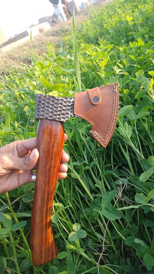Handmade Viking Axe Real Carbon Steel Short Handle 12 Inch Bushcraft Tool Axe with Leather Sheath Camping Bearded Hatchets Hunting Axe Valentine's Day Gift, Birthday Gift for him (VK-Ax-7)