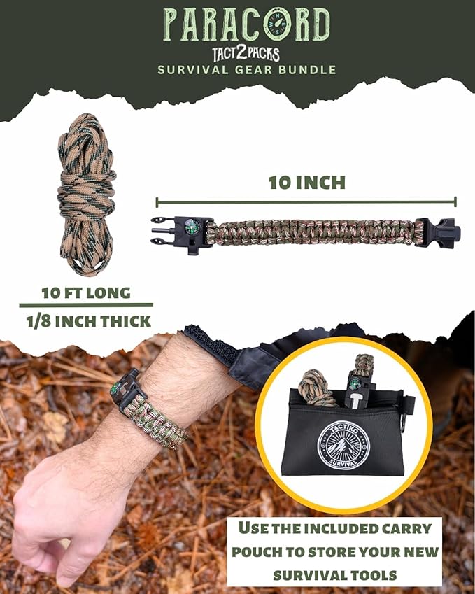 Bracelet & 10' Paracord Bundle – Fire Starter, Compass, Emergency Whistle, Mini Saw - Tactical Outdoor Survival Gear for Camping, Hiking, and Emergency Kits - U.S. Company
