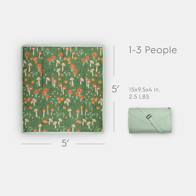 Little Unicorn Outdoor Family Picnic & Beach Blanket, Water-Resistant, Compact Fold, 5 x 5 feet, (Woodland Mushroom)