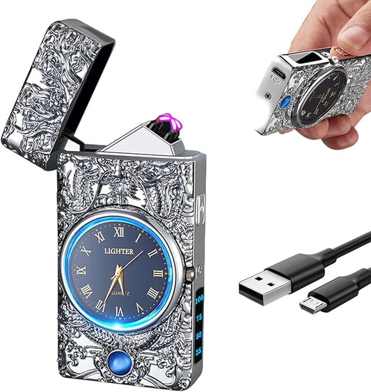 Cool Lighter with Clock Dial Electric Lighter with LED Power Display Plasma Lighter Windproof USB Rechargeable Lighter Gifts for Men Women(SilverDragon)