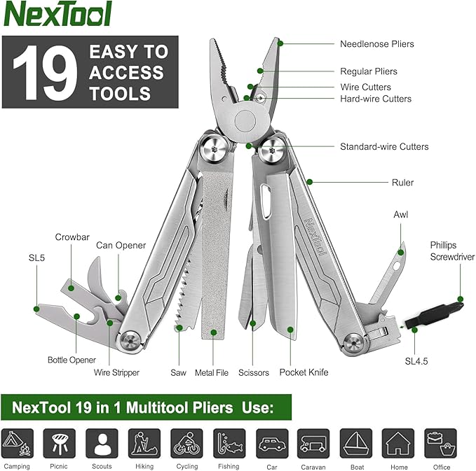 NexTool Multitool, 19 in 1 Multitool Pliers, Stainless Steel Multi Tool with Safety Locking, Foldable Multitools with Scissors, Can Opener, Screwdrivers, Saw for Camping Survival Hiking, Gifts for Men