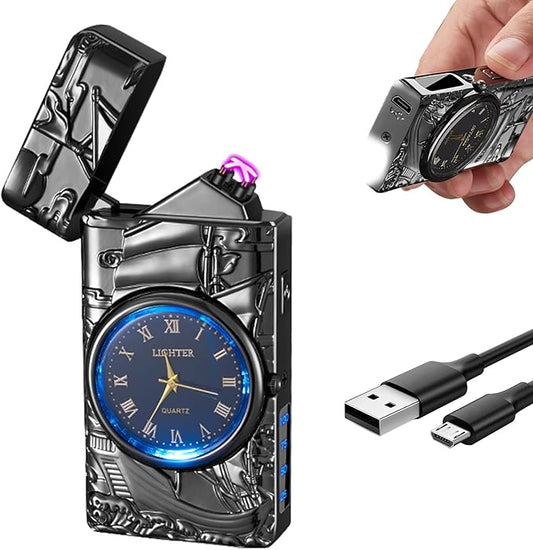 Cool Lighter with Clock Dial Electric Lighter with LED Power Display Plasma Lighter Windproof USB Rechargeable Lighter Gifts for Men Women (Sailboat-Black)
