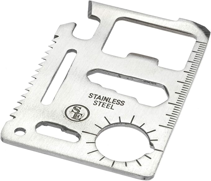 SE 11-Function Stainless Steel Survival Pocket Tool - Compact, Credit Card-Sized Multi-Tool with Leatherette Case - Ideal for Camping, Hiking, and Outdoor Activities- MT908-1