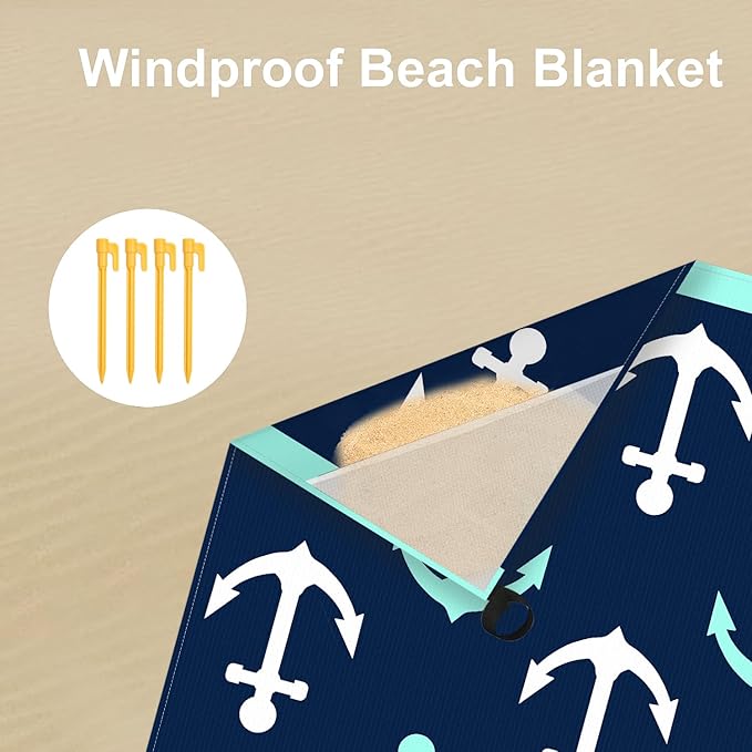 Nautical Beach Blanket Sandproof, Foldable Waterproof Sand Free Beach Picnic Mat, 78''×86'' Large Compact Portable Ocean Themed Outdoor Pocket Blanket With 4 Stakes for Travel, Camping - Navy Anchors