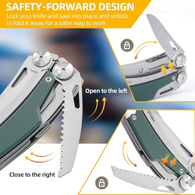 G10 Handle Multitool Pliers with YG10 Tungsten Steel Replaceable Wire Cutters 12 in 1 Multi Tool Pocket Knife with Safety Lock,Saw,Bottel Opener for Camping,Survival with Nylon Sheath (green)