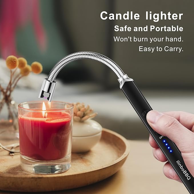 iinboBBQ Lighter Electric Lighter Rechargeable USB Candle Lighter with LED Battery Display Arc Lighter with Flexible Neck Flameless Long Lighters for Candles Grill BBQ Camping (Black)