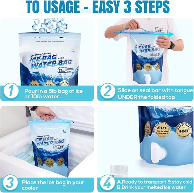 TOURIT Reusable Ice Bag 5lb Ice Pack for Cooler, Bag of Ice Collapsible Water Container with Spigot for Camping, Hiking, Drinking