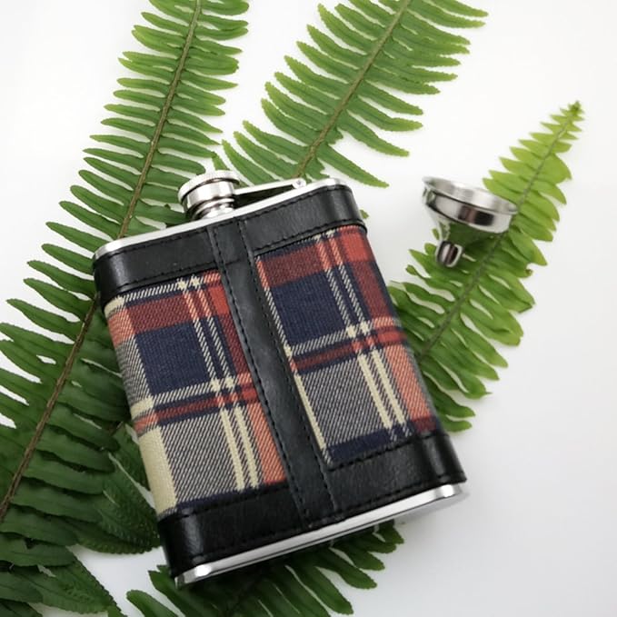6oz Red Check and Black Leather Wrapped Hip Flask with a Funnel 18/8 Stainless Steel-YM113