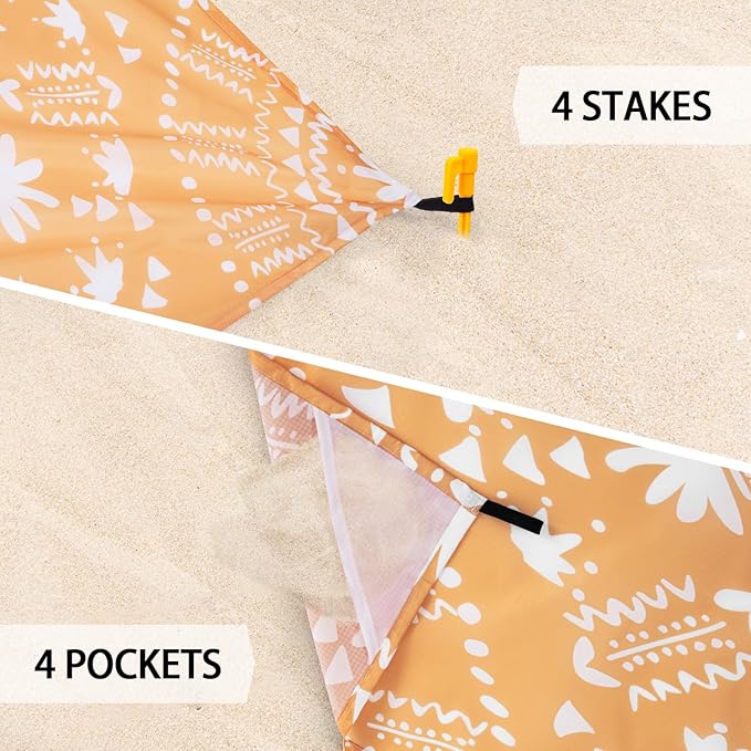 Sandproof Waterproof Beach Blanket, 78''×86'' Large Foldable Picnic Blankets for 1-4 Adults w/ 4 Stakes & 4 Pockets, Polyester Lightweight Sand Free Boho Outdoor Beach Mat for Camping, Hiking, Travel