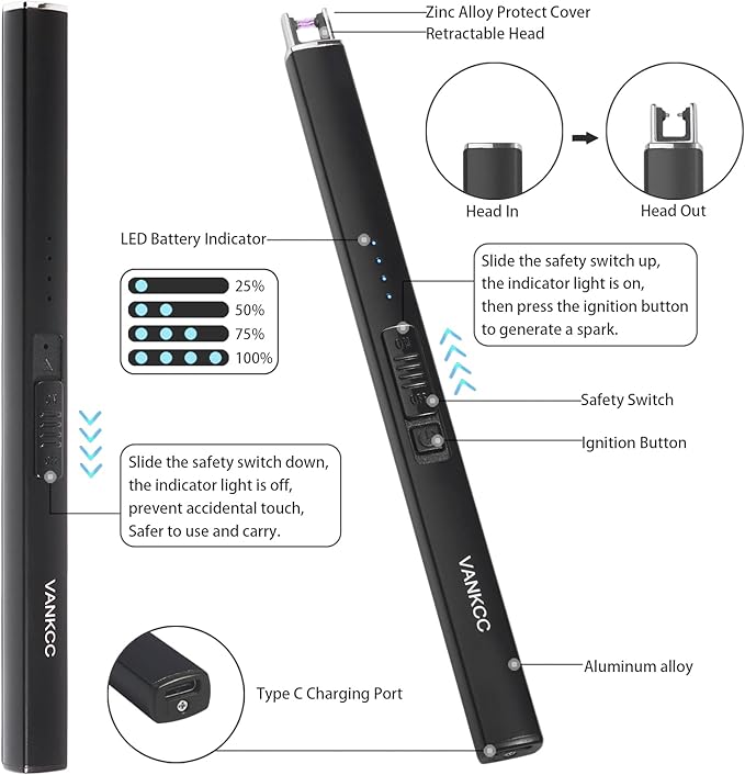 Electric Candle Lighter Plasma Arc Lighters USB Long Stick Lighters Windproof Flameless with Rechargeable Battery Safety Lock for Candle Camping BBQs Fireworks (Black)
