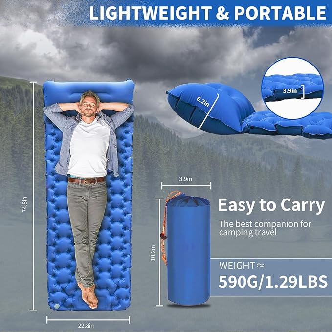 DDD Ultra-Light Inflatable Camping Sleeping Pad with its Built-in Foot Pump and Pillow - The Ultimate Camping pad, Hiking pad, Backpacking Pad and Lightweight for a Outdoor Sleep——Royal Blue
