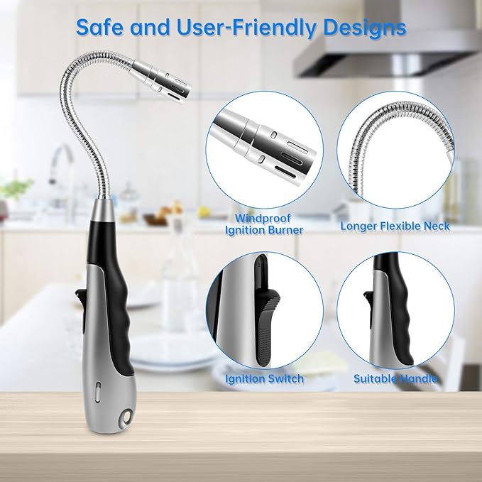 Butane Lighter Torch Long Lighter Jet Flame Windproof Lighter with Visual Fuel Window for Fireplace Kitchen Grill BBQ Camping, Black (No Butane Included)