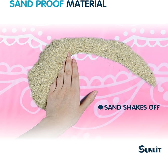 Sunlit 6'x7' Boho Sand Proof Beach Blanket, Sand Proof Mat with Corner Pockets and Mesh Bag for Beach Party, Travel, Camping and Outdoor Music Festival, Blue and Pink Circle Mandala