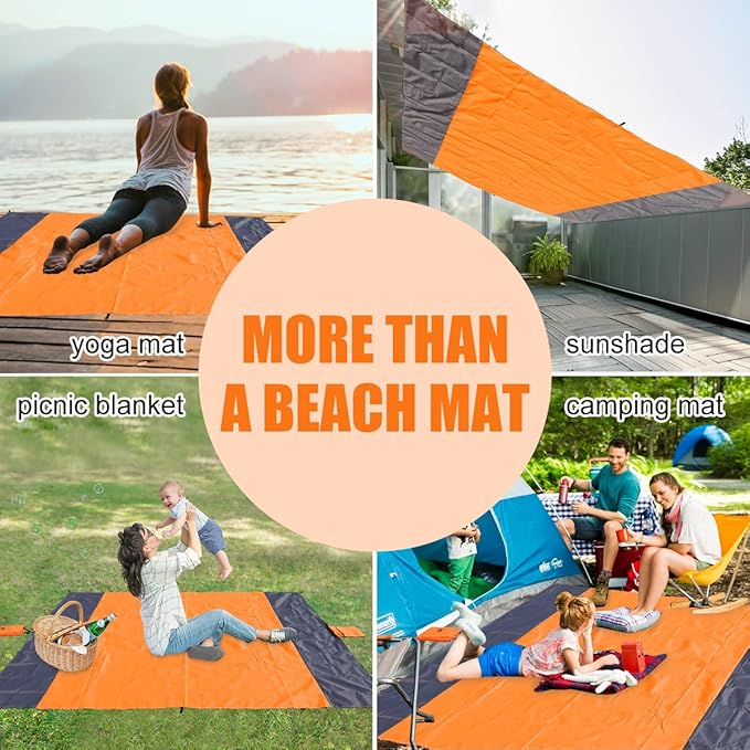Yonge & Finch Large Beach Blanket Sandproof Heat-Resistent Beach Mat Machine Washable Camp Blanket Packable Pocket Blanket Waterproof Outdoor Blanket Fit 4-7 Persons 83 * 79inch Orange