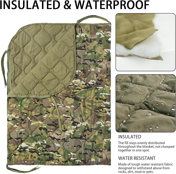 Military Poncho Liner with Zipper Camping Blanket Army Multicam Woobie Sleeping Bag Insulated Waterproof for Travel Outdoor Survival Hunting
